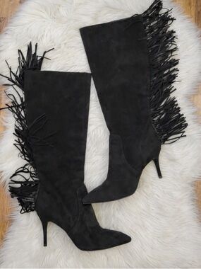 Brian Atwood Black Fringe Knee Heeled Boots
